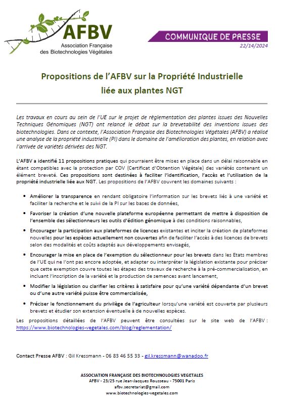 Propositions de l’AFBV sur la Propriété Industrielle liée aux plantes NGT